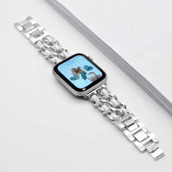 NEW Strap Silver White Chain Leather Stainless Band For Apple Watch - Picture 9 of 9
